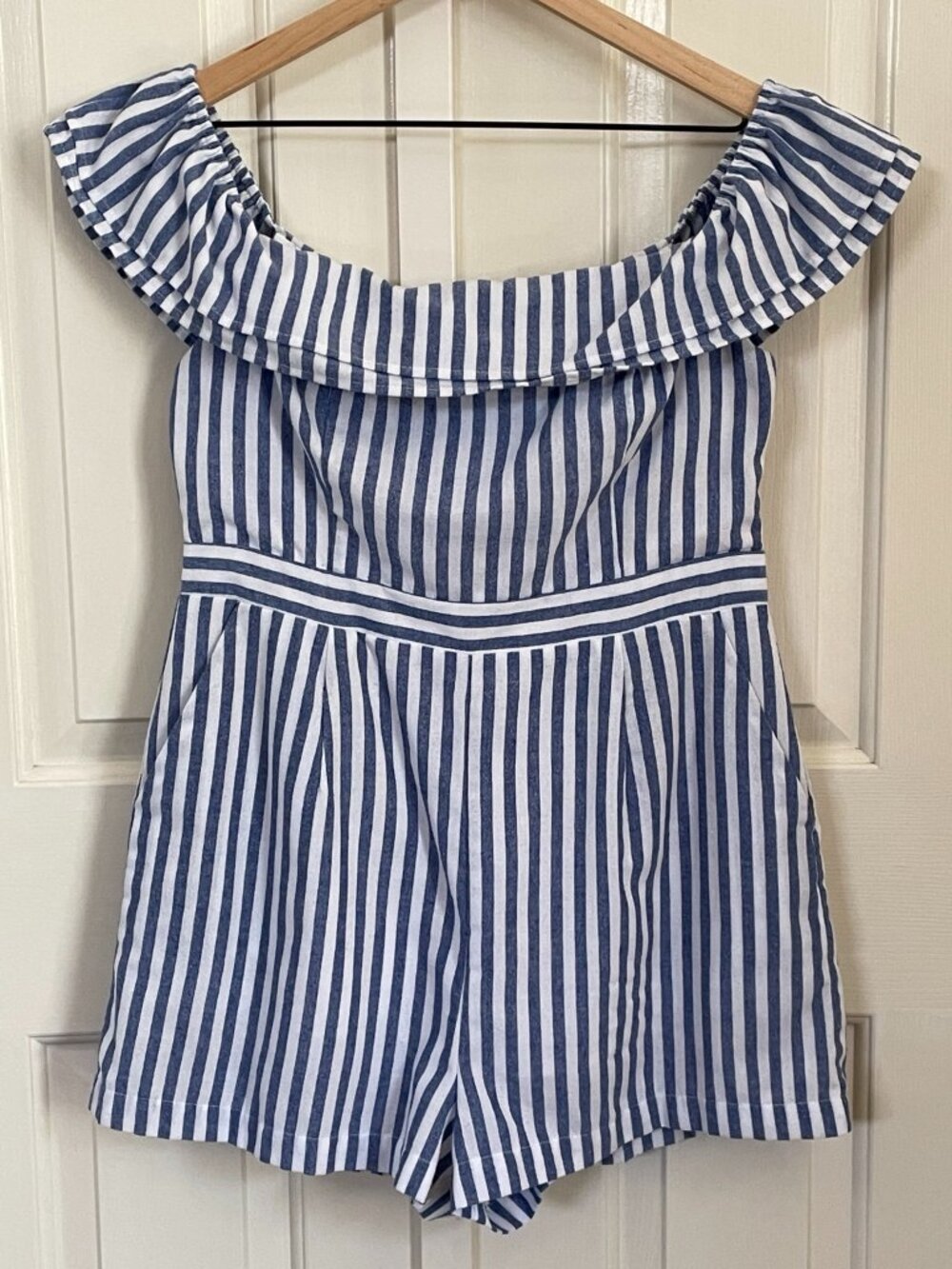 Lulus Nautical You Mine Blue Striped Off Shoulder Romper Large